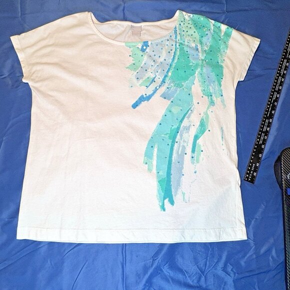 Chicos Womens Abstract Floral Top SZ 1 Short Sleeve Vacation Mature Artsy Modal - Picture 1 of 8